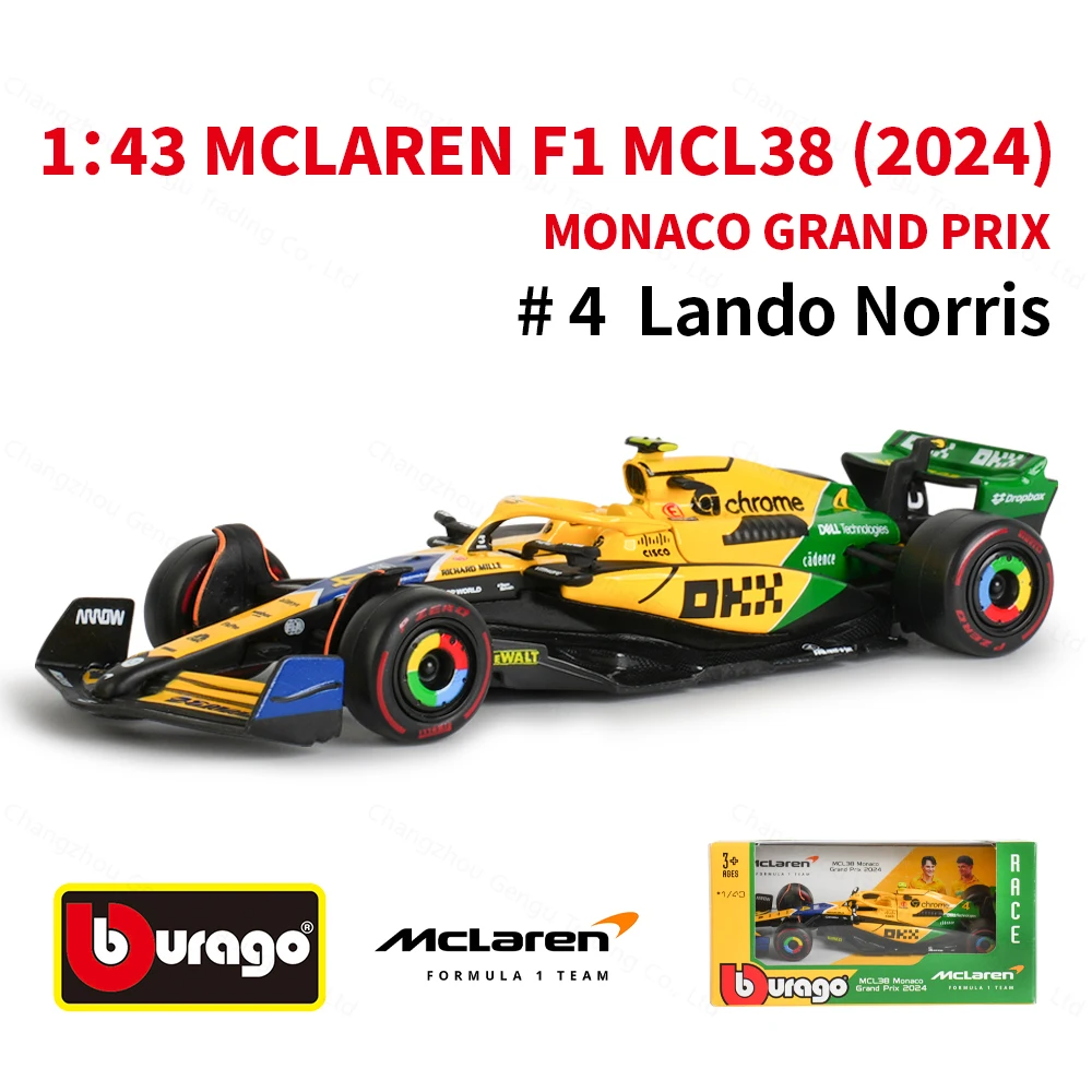 Bburago 1:43 2024 Mclaren Monaco MCL38 F1 Formula Car Die Cast Vehicles Collectible Model Racing Toys