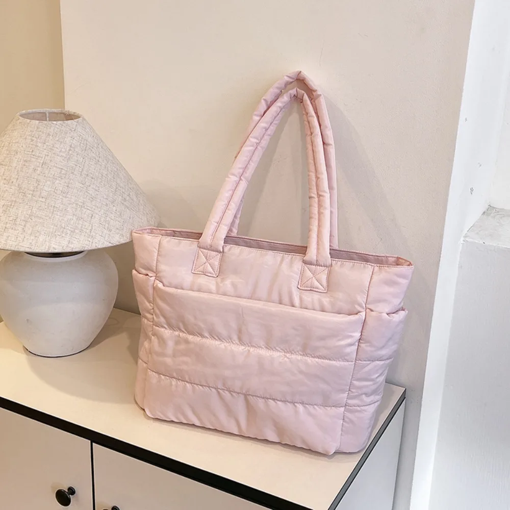 

Trendy Large Capacity Cotton Padded Tote Bag Soft Zipper Commute Briefcase Handbag Simple Luggage Handbag Girls