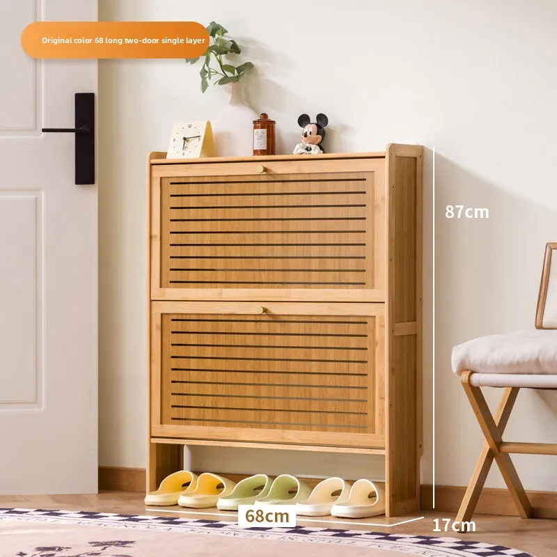 Minimaal ultradunne houten schoenenkast, moderne multi-laagse opklapbare schoenenrek, bamboe schuifdeur wandkast