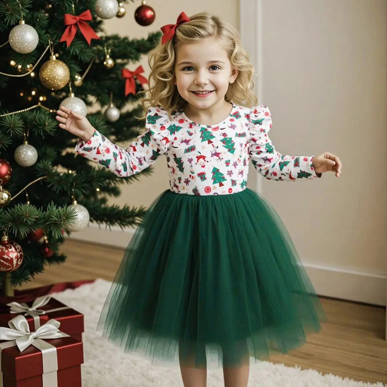 

Autumn Winter Kids Girls Christmas Green Red Long Sleeve Tulle Princess Dress For Children Xmas Casual Party New Year Prom Gown