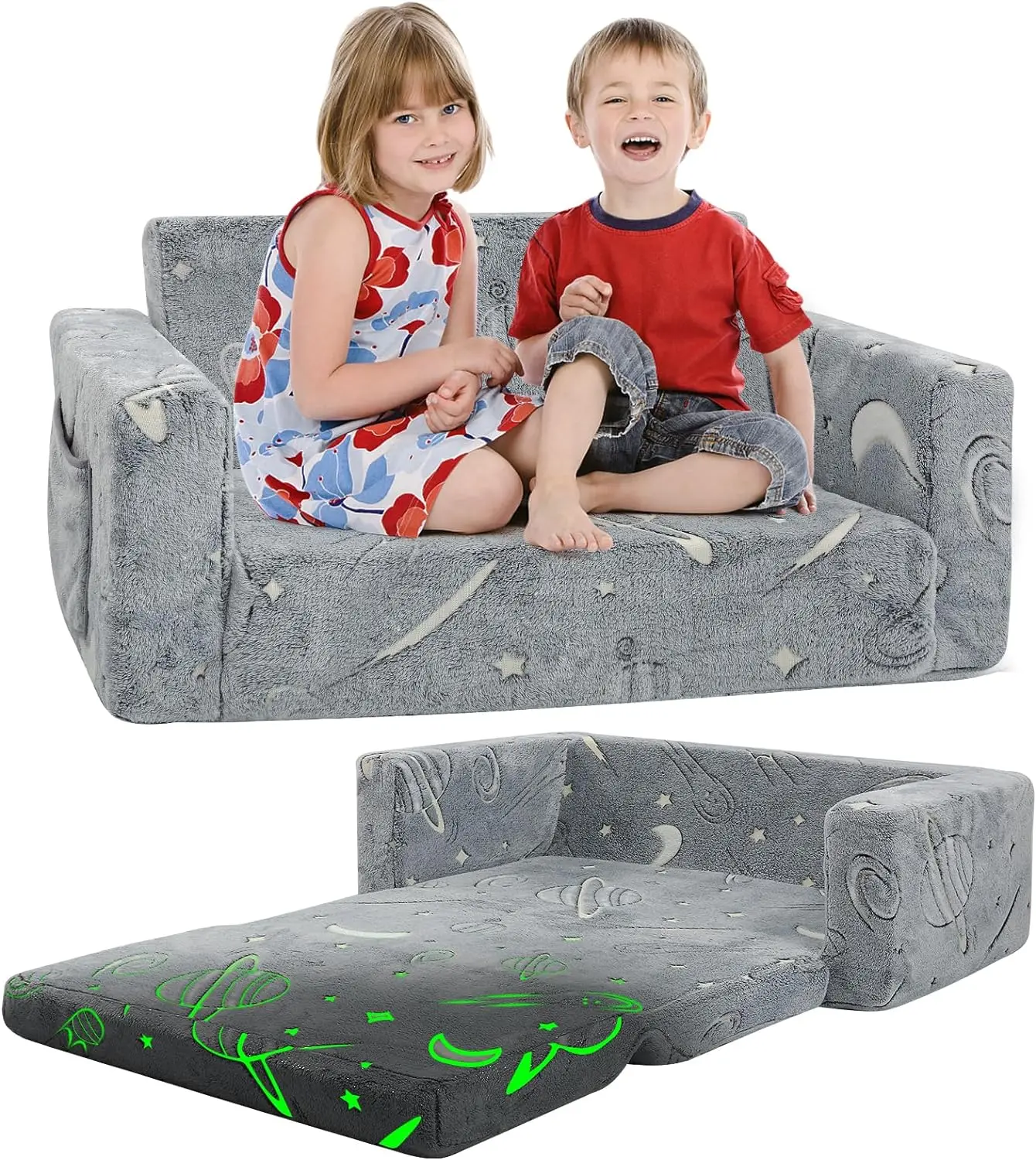 

Kids Couch Toddler Chair Folding Extra Wide 2 in1 Glow in The Dark Fold Out Flip Open Kids Sofa Baby Convertible Sofa to Lounger