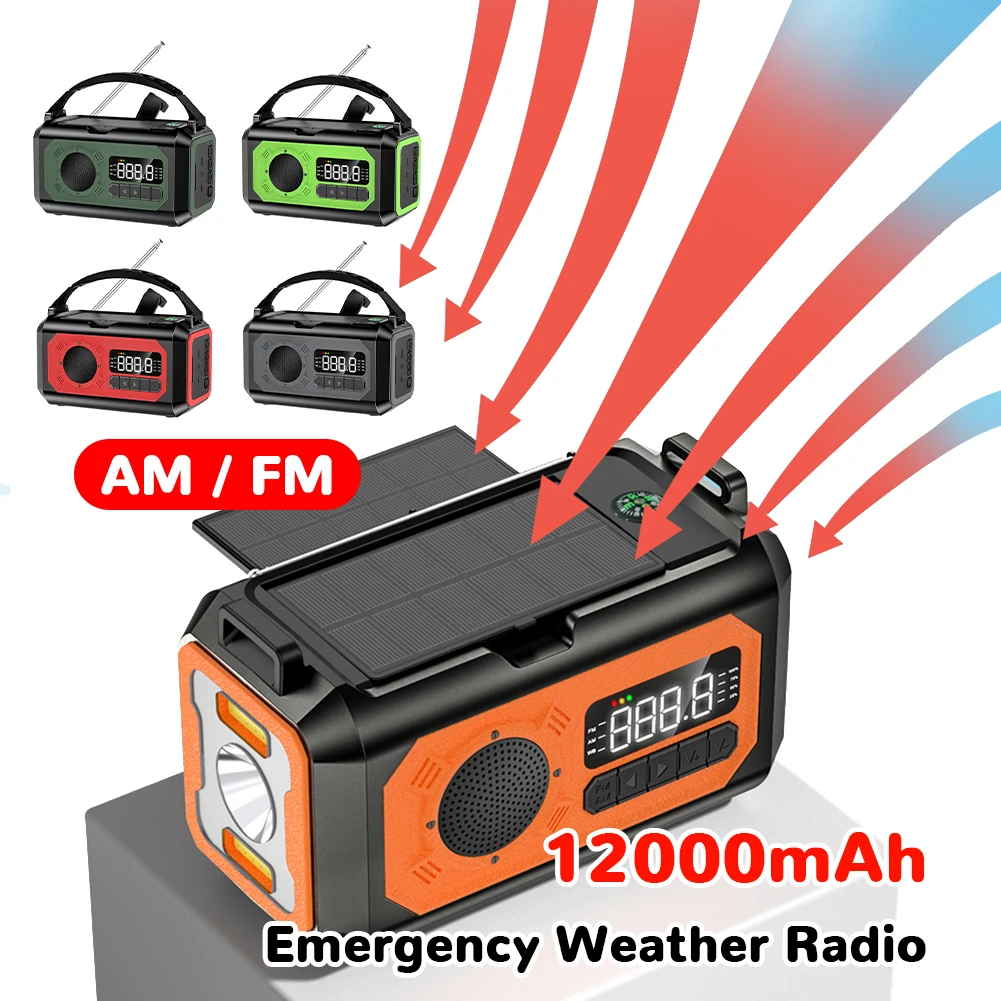 12000mAh Solar Emergency Weather Radio Reading Lamp Hand Crank Portable Emergency Radio Power Bank SOS Alarm for Outdoor Camping