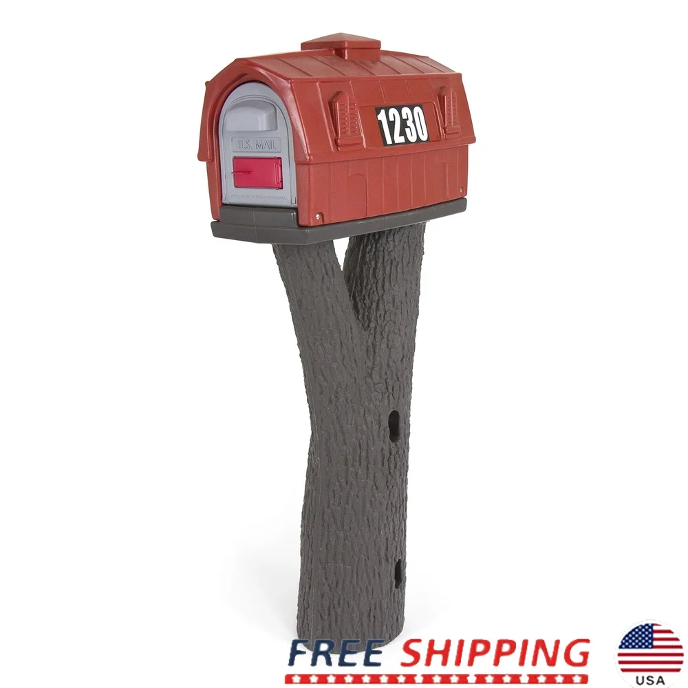 

Rustic Barn Mailbox with Tree Bark Post Heavy-Duty Magnetic Doors Easy Installation Large Capacity Rust Resistant Home Address