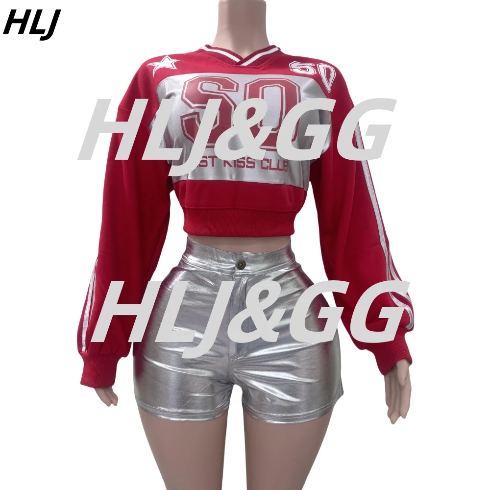 HLJ Fashion Streetwear Women Print V Neck Long Sleeve Pullover + Button High Waist Shorts Two Piece Sets Y2K Sporty 2pcs Outfits