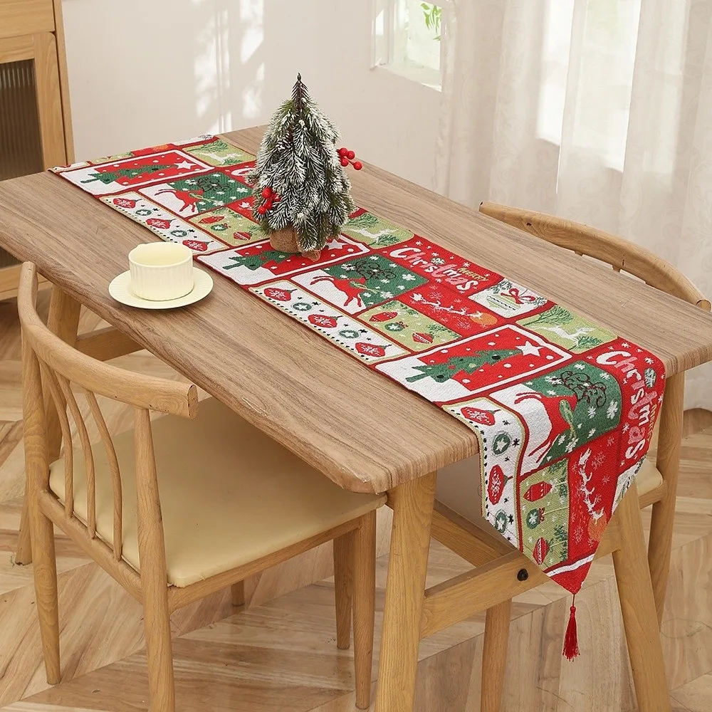 

Long Contrast Color Christmas Table Runner Tree Smooth Santa Claus Tablecloth 180x33CM Snowman Linen Table Cover Party Supply