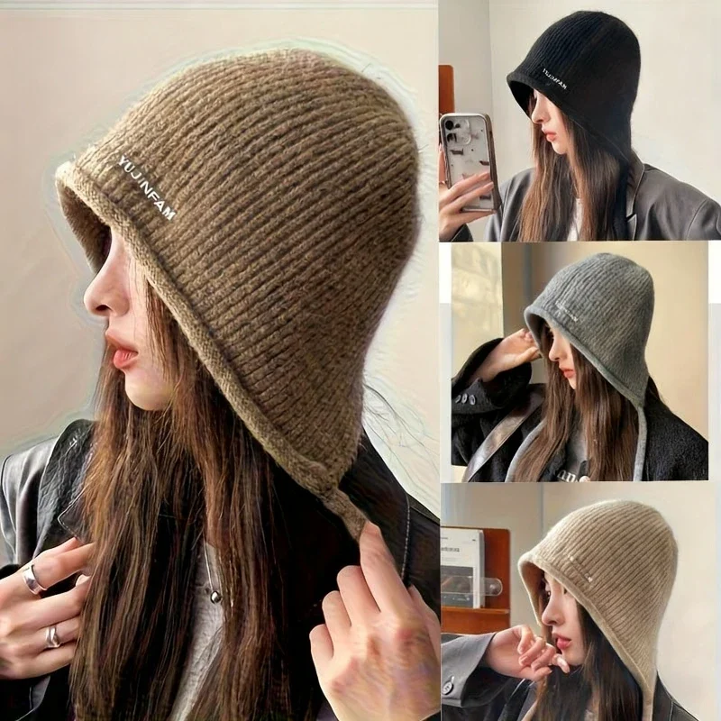 1pc Sweet and Cute Double Drawstring Autumn/Winter Hot Stamped Letter Warm and Versatile Knitted Ear Protector Hairline Hat