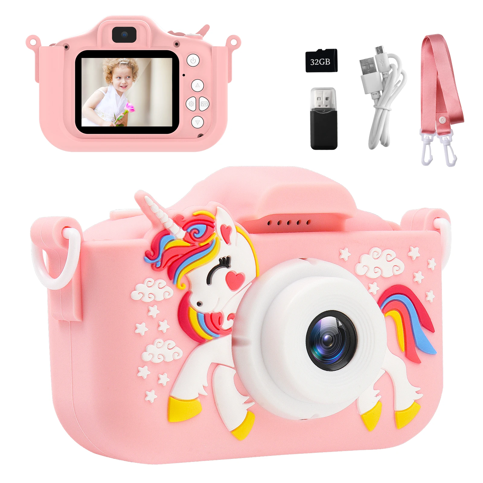 CNCBSR Kids Camera Toys Unicorn Children Digital Camera 2 Inch Screen Front and Rear Dual Camera Birthday Gifts for Kid 32G