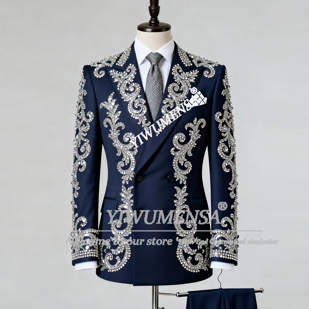Strass brilhantes frisado noivo casamento smoking duplo breasted jaqueta calças 2 peça conjunto terno masculino fino ajuste baile de formatura noivo blazers