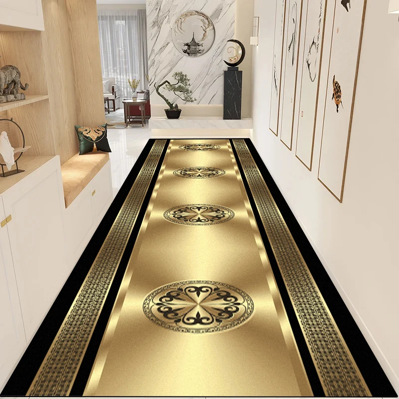 Luxury Golden Long Corridor Carpet Non-slip Stairway Rug Hall Runner Washable Room Decoration Floor Mats Customizable Aisle Rug