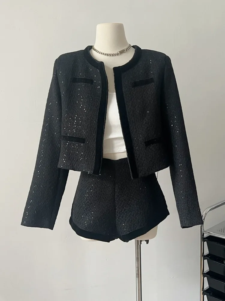 Autumn Black Shorts Tweed Two Piece Suits Women Korean Fashion Luxury Long Sleeve Sequined Jacket+Shorts 2 Pcs Matching Sets