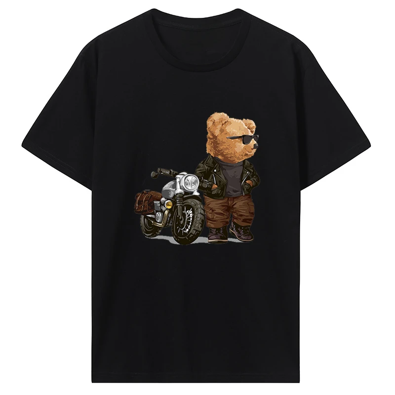 

Men Fashion Tee Clothing Cotton Summer Casual Tops Hip Hop Cotton T-Shirt Motorcycle Teddy Bear Wearing Sunglasses T Shirt funny