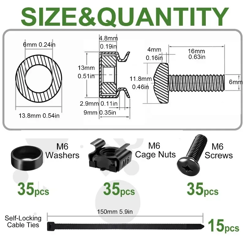 120Pcs Rack Mount Cage Screws Nuts Washers and Self-Locking Cable Ties Set Rack Mount Screws and Square Insert Nuts Kit M6x16mm