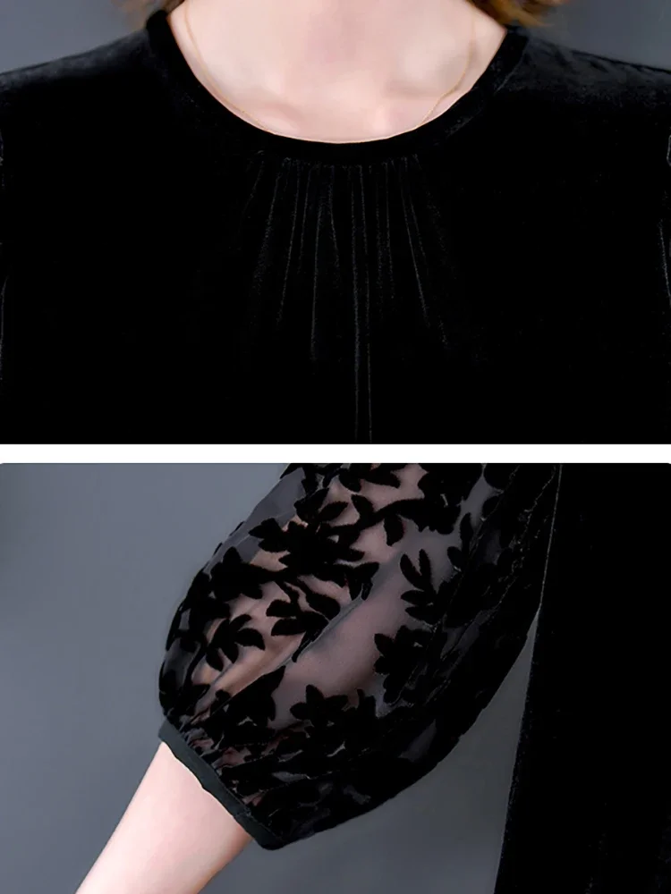 Autumn Winter Black Velvet Chic Hook Flower Hollow Sexy Midi Dress Women Solid Elegant Bodycon Dress 2024 Korean Vintage Dresses