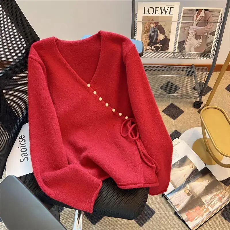 Female Clothing Vintage V-Neck Sweaters Fashion Irregular Drawstring Autumn Winter New Solid Color Casual Loose Knitted Cardigan