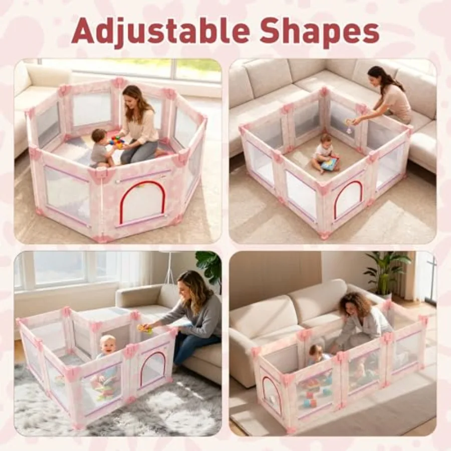 روضة أطفال، قلم لعب 50 × 50 بوصة للأطفال الرضع والأطفال الصغار مع شبكة مسامية، لعب مع بوابة (زهور وردية، حصيرة غير متضمنة) #2