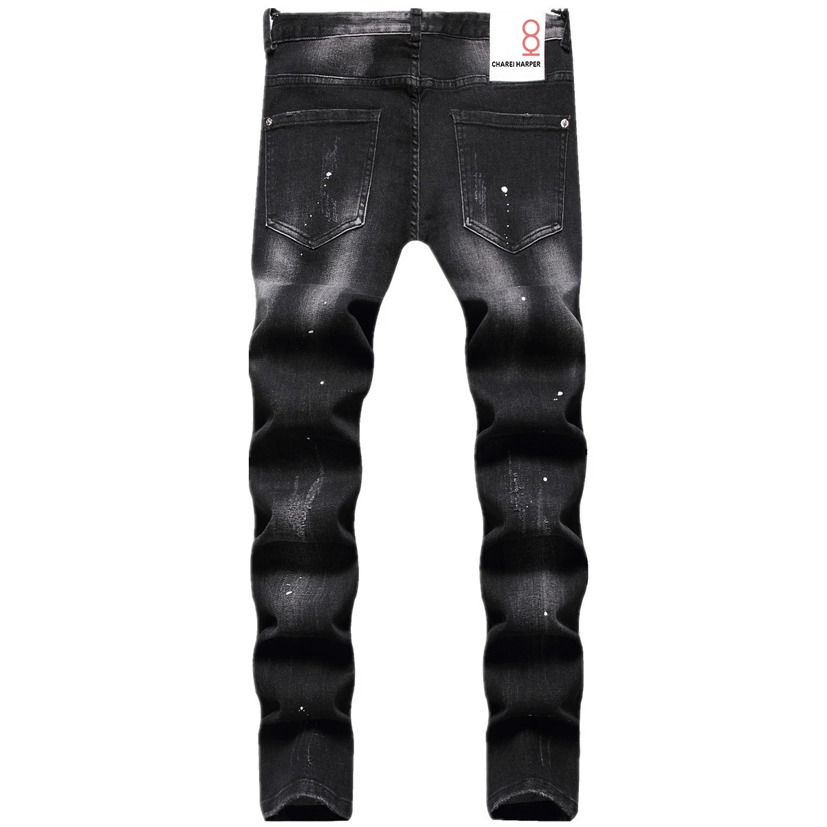 100 chareiharper Hipster men's jeans Hipster men's personality ripped and scraped fashion pants Black paint splattered stretch