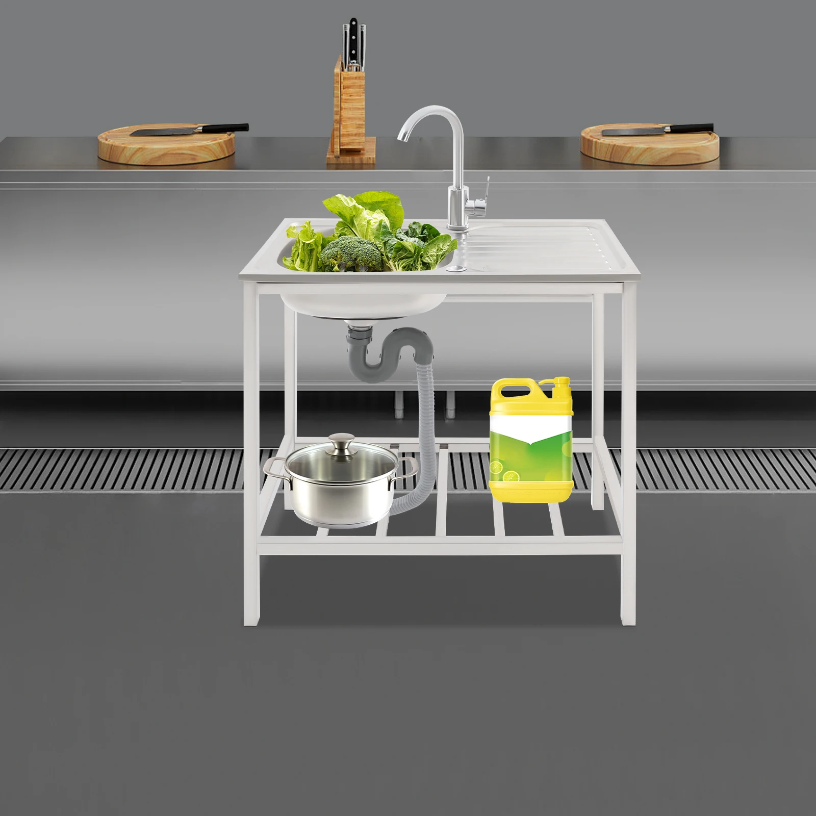 

29.5*15.7*29.5 in，Sink with Operation Countertop and Bottom Shelf, Kitchen Single Bowl Sink, Free Standing Sink，Modern，