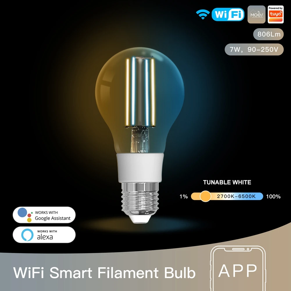 WiFi Smart Filament Bulb LED Light Lamp E27 Dimmable Lighting 2700K-6500K 806Lm Tuya for Alexa Google Voice Control 7W