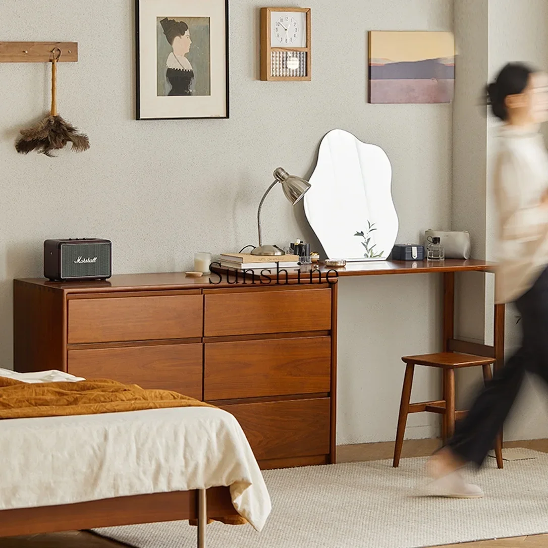 Solid wood dresser chest integrated bedroom makeup storage small apartment Japanese retro retractable corner table