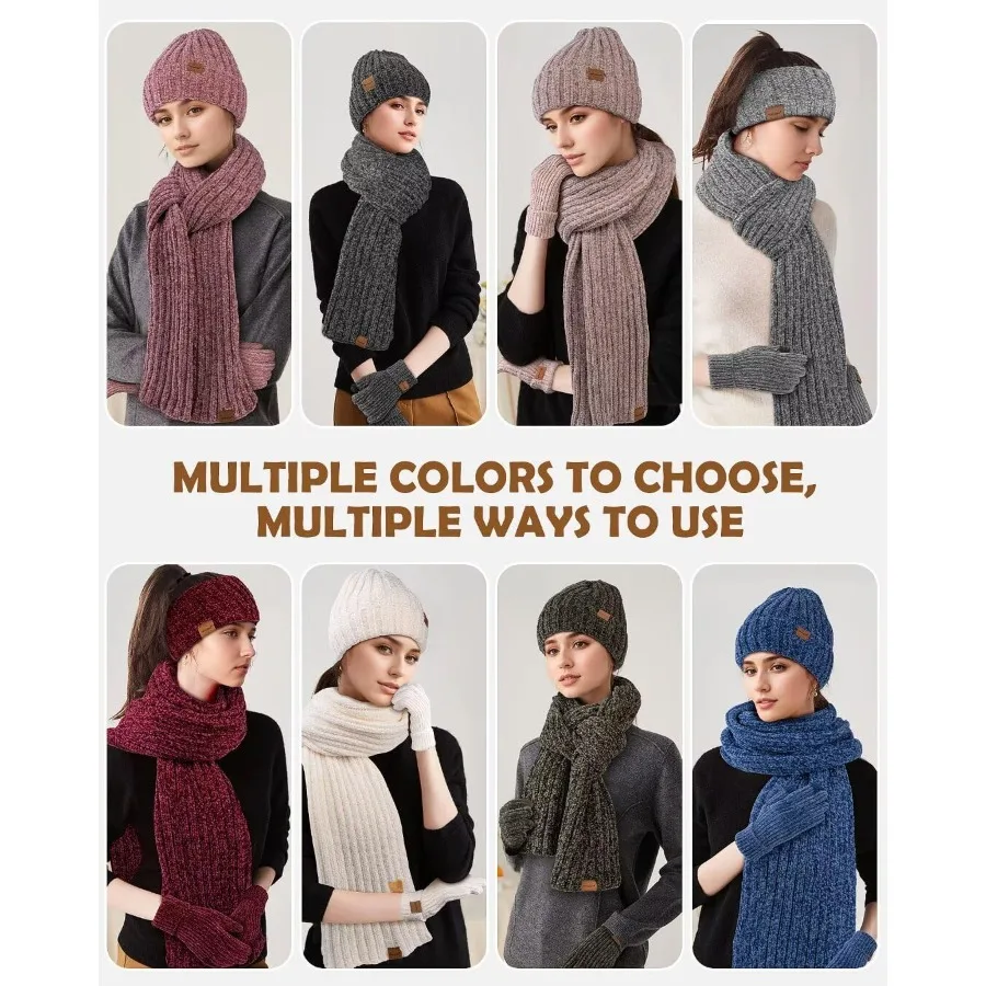 여성 비니 스카프 장갑 헤어밴드 세트 셔닐 겨울 모자 플리스 안감 귀마개 니트 스카프 터치스크린 장갑 4종 선물 세트