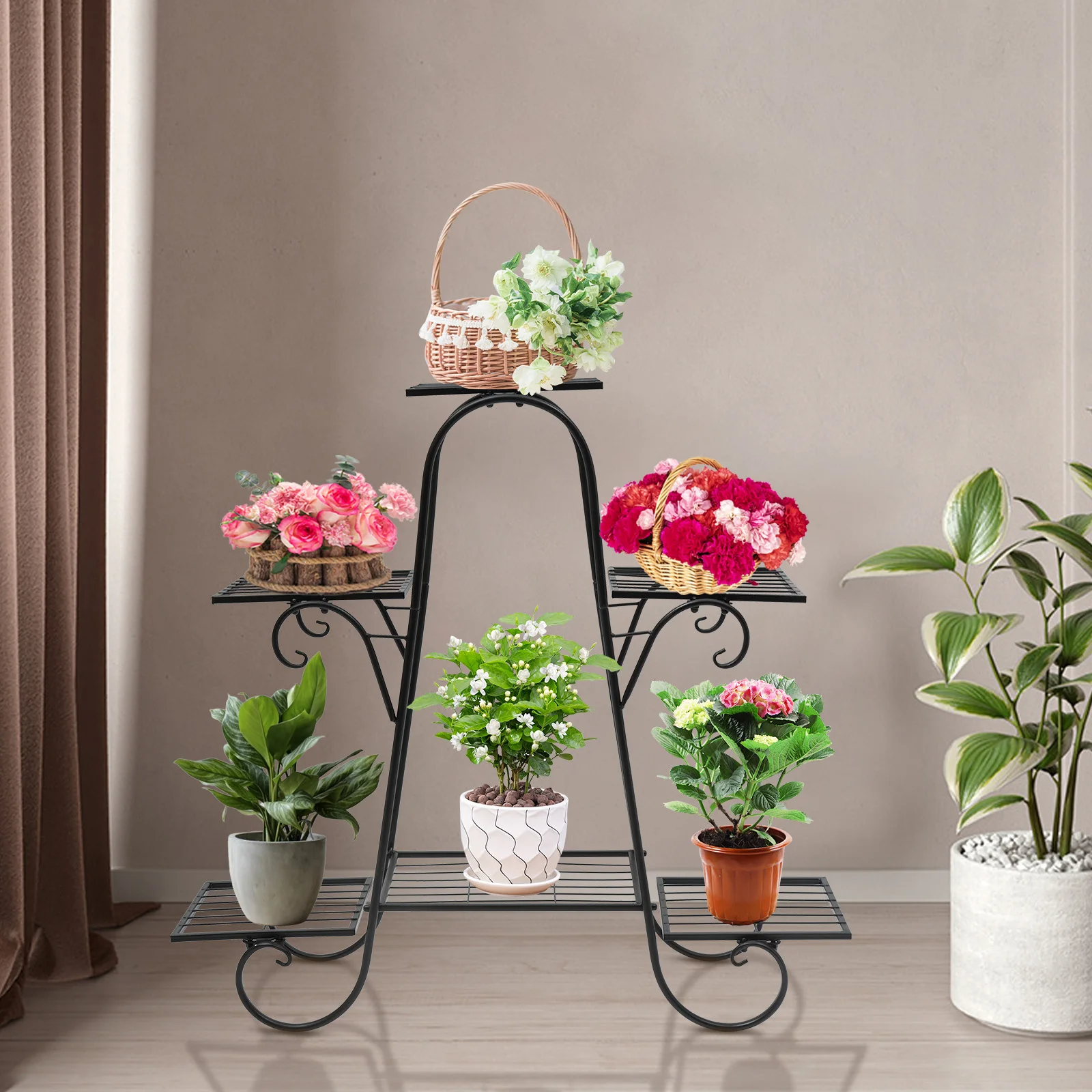 حامل نباتات مربع من الحديد على الطراز الشمالي الحديث، رف طلاء الخبز الأسود مكون من 6 طبقات، حامل لديكور النباتات، أقصى حمولة 10 كجم لكل طبقة #4