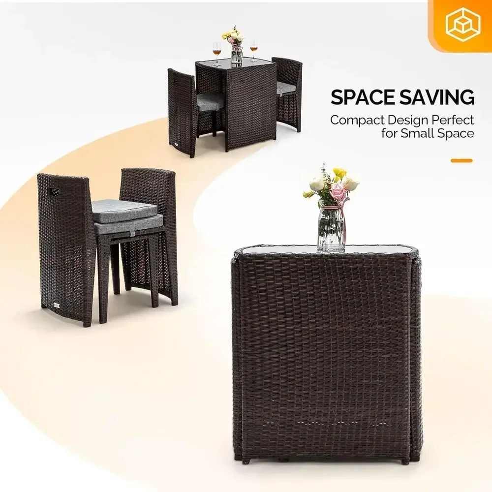 Brown Wicker Outdoor Patio Bistro Set with Glass Top Table and Chairs for Balcony, Small Spaces, or Garden