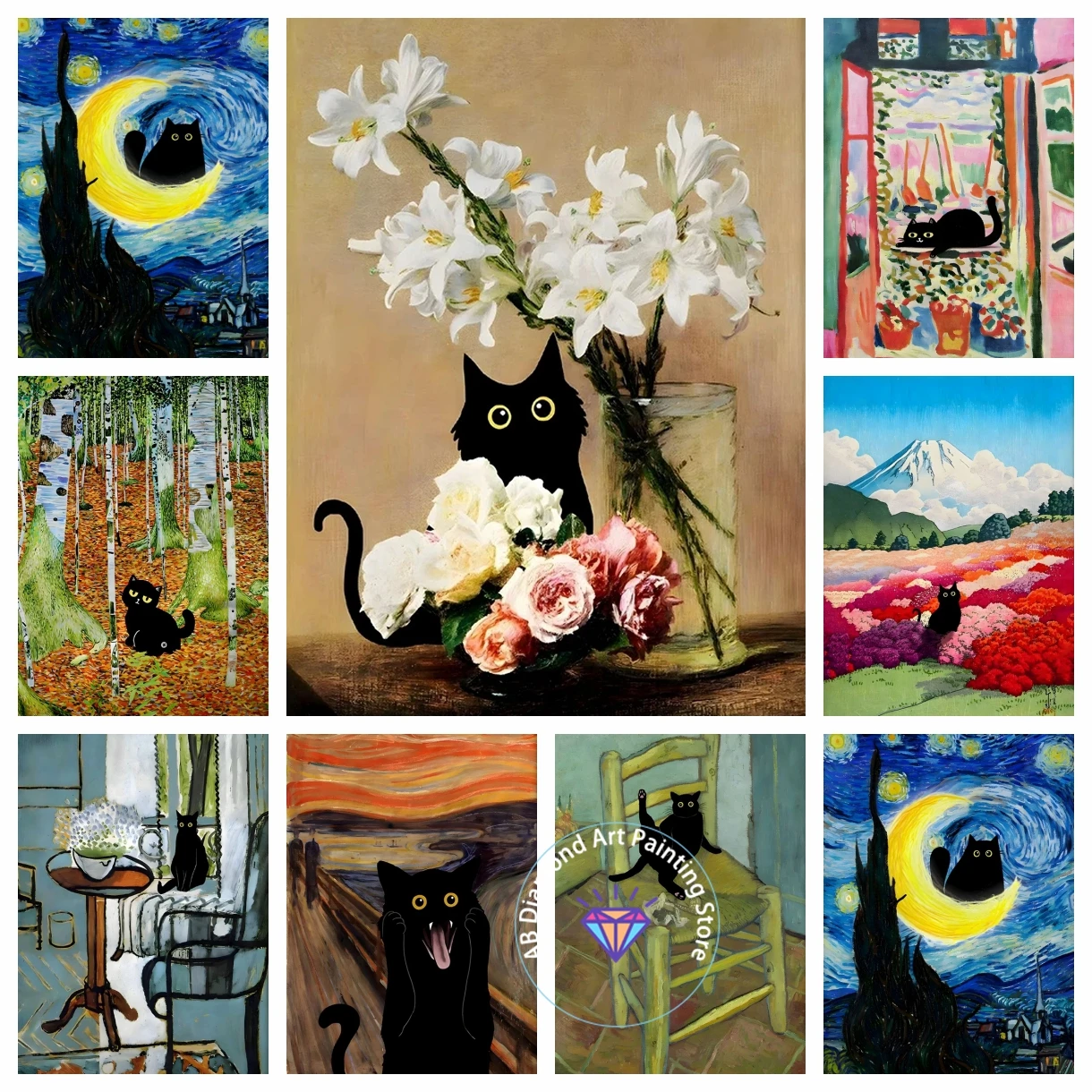 

Funny Black Cat DIY AB Diamond Painting Kits New Monet Van Gogh Gustav Picuture Embroidery Mosaic Cross Stitch Home Decor Gift