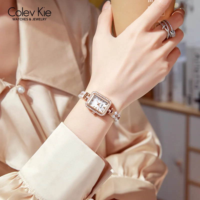 CloveKie Girls Watches for Women Pearl Bracelet Strap Elegant Rectangel Quartz Watch Waterproof Ladies Dress Wristwatch Gift Set