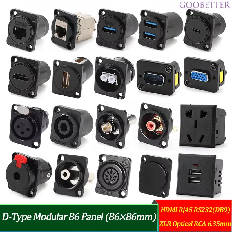 86 AV Panel D-Type Modular Connector HDMI/RJ45/RS232/DB9/XLR/Optical/RCA/6.35mm Pro Install ARJ45 CAT6 USB3.0 BNC