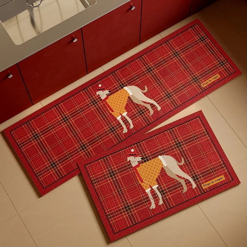 Kitchen Floor Mat Waterproof Non-slip Oil-proof Carpet PVC Leather Rugs Retro New Year Red Spring Doberman Puppy Foot Mat 주방 깔개