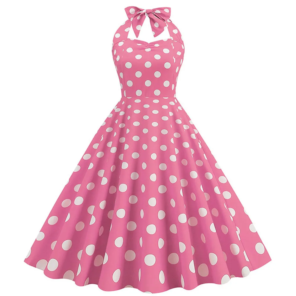 Süßes Polka Dot Neck holder Kleid Damen Vintage rücken freie Rücken Schleife Design Slim Fit Cinched Taillen kleid knielang bedruckte Vestido