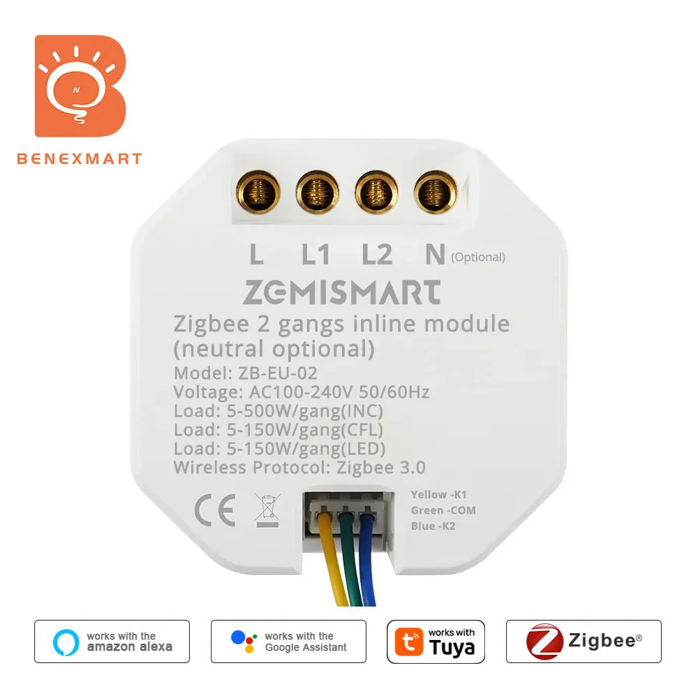 

Benexmart Zigbee 2 Gangs Light Switch Mini Inline Module Neutral Wire Optional Work with Tuya APP 2 Ways Alexa Google Home