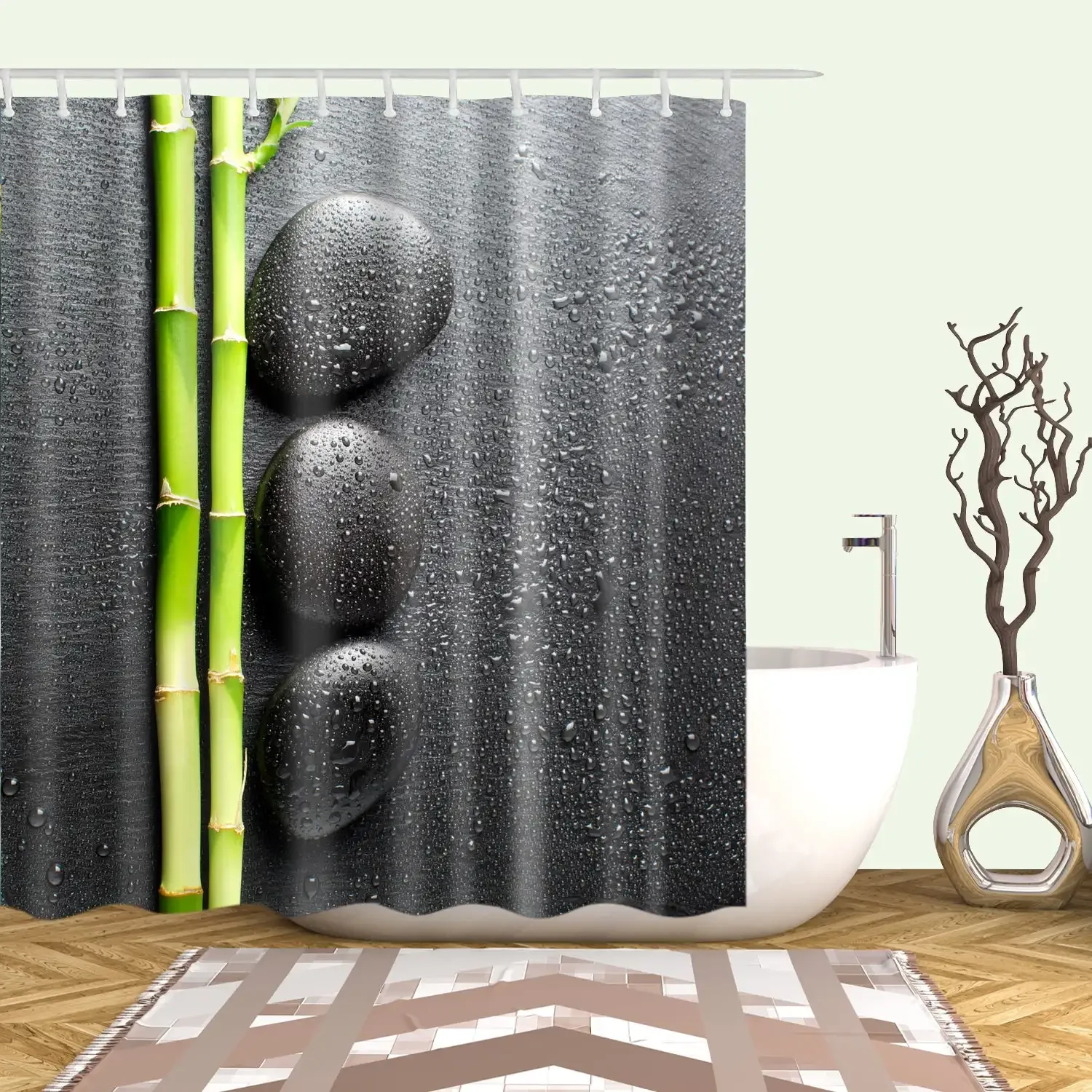 Green Bamboo Print Shower Curtains Leaf Flower Bathroom Curtain Waterproof Fabric Bathtub Screen Background Wall Decor With Hook