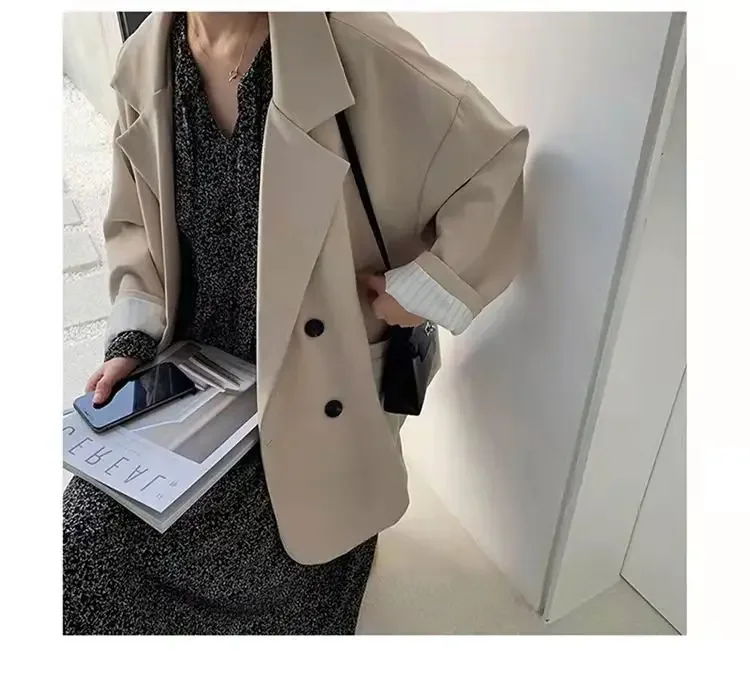 Brauner Blazer für Damen, elegant, offiziell, für Frühling und Herbst, modisch, langärmelig, übergroß, schick, lässige Anzugsjacke – Detail 17