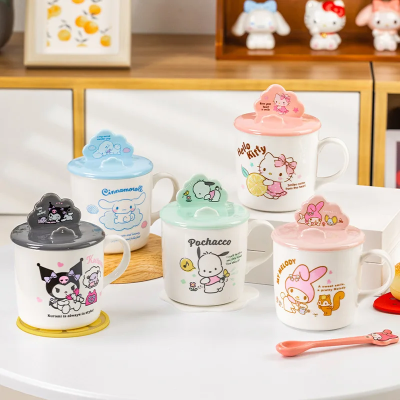 Kawaii Hello Kitty Ceramic Cup MINISO Anime Kuromi Cinnamoroll Melody Lovely Cartoon Mug with Lid Coffee Cup Gift Box Packaging