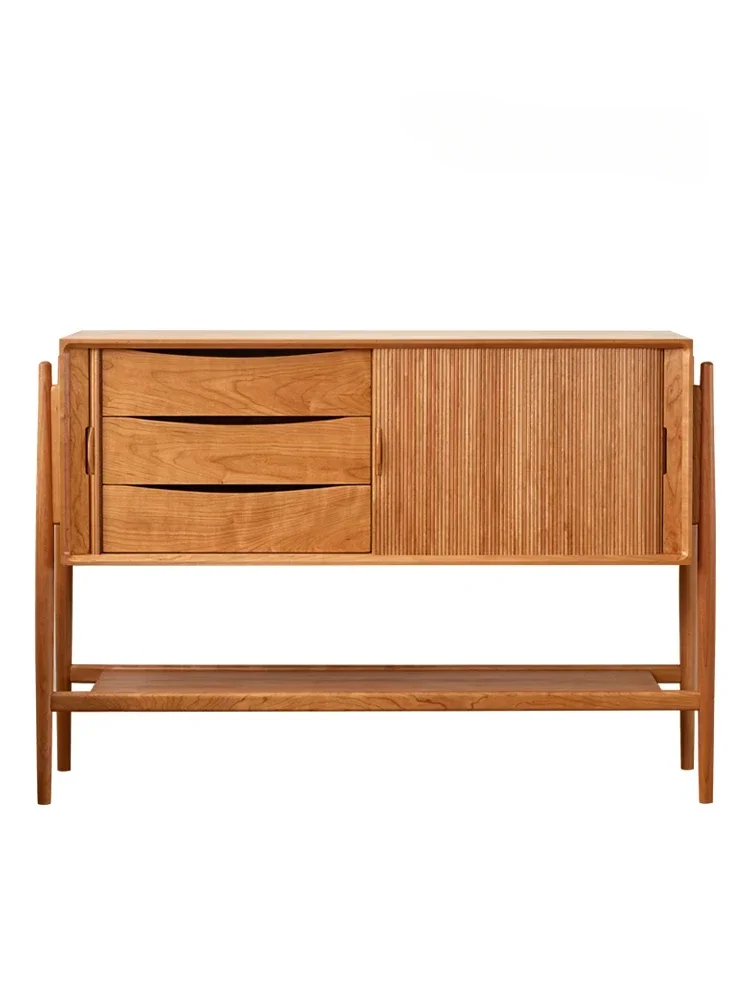 

Nordic Retro Solid Wood Hallway Cabinet Cherry Wood Living Room High Leg Sideboard Cabinet Multifunctional Rolling Door