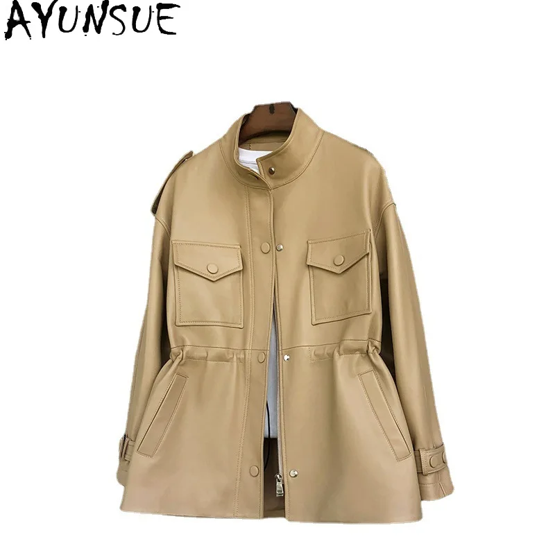 AYUNSUE-Chaqueta De Cuero genuino para Mujer, abrigo De piel De oveja auténtica coreana, longitud media, elegante, 2023