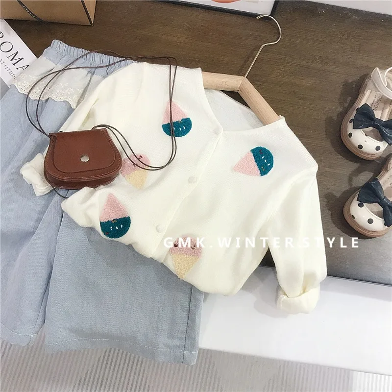 Korean Girls' New Ice Cream Hook Flower Round Neck Sweater Cardigan Soft and Skin Friendly Children's Lace Wide Leg Pants