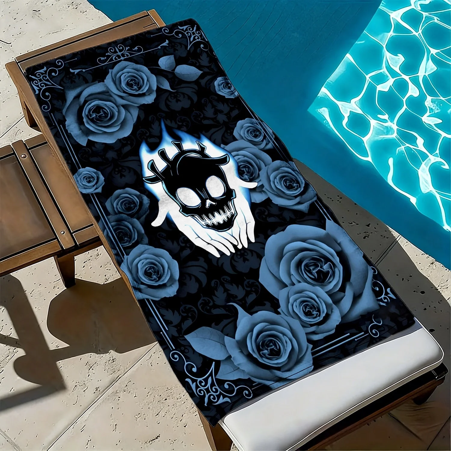 Gothic style skull and rose pattern polyester microfiber beach towel is highly absorbent suitable for swimming and beach outings