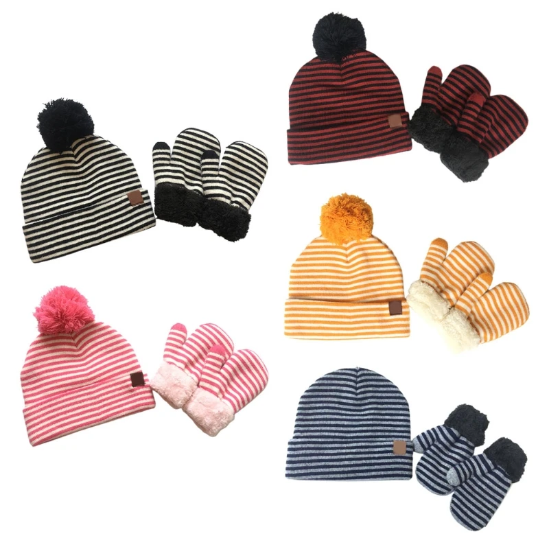 

New 2pcs Infant Baby Striped Wool Beanie Hat Gloves Mittens Set Fake Ball Pom Pom Warm Winter