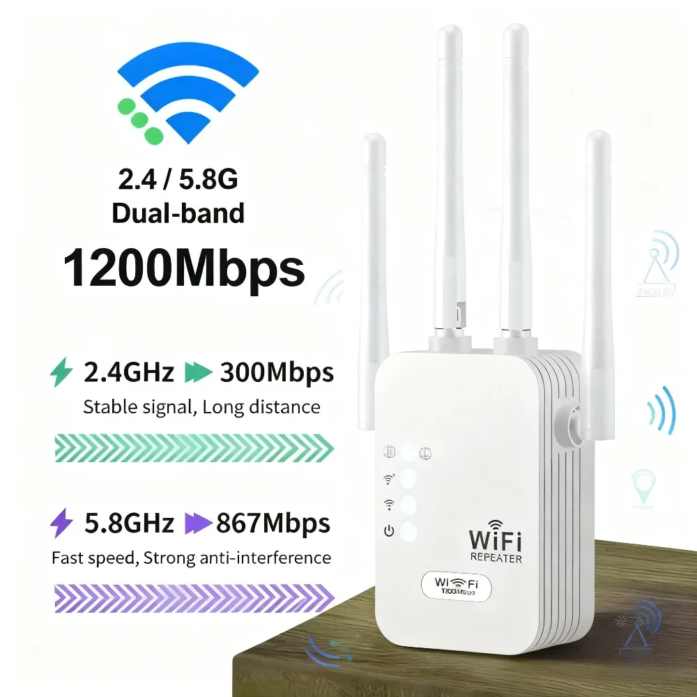 

1200Mbps WiFi Repeater Wireless Router WIFI Extender Amplifier Dual Band 2.4G/5GHz Wi-Fi Signal Booster Long Range Network