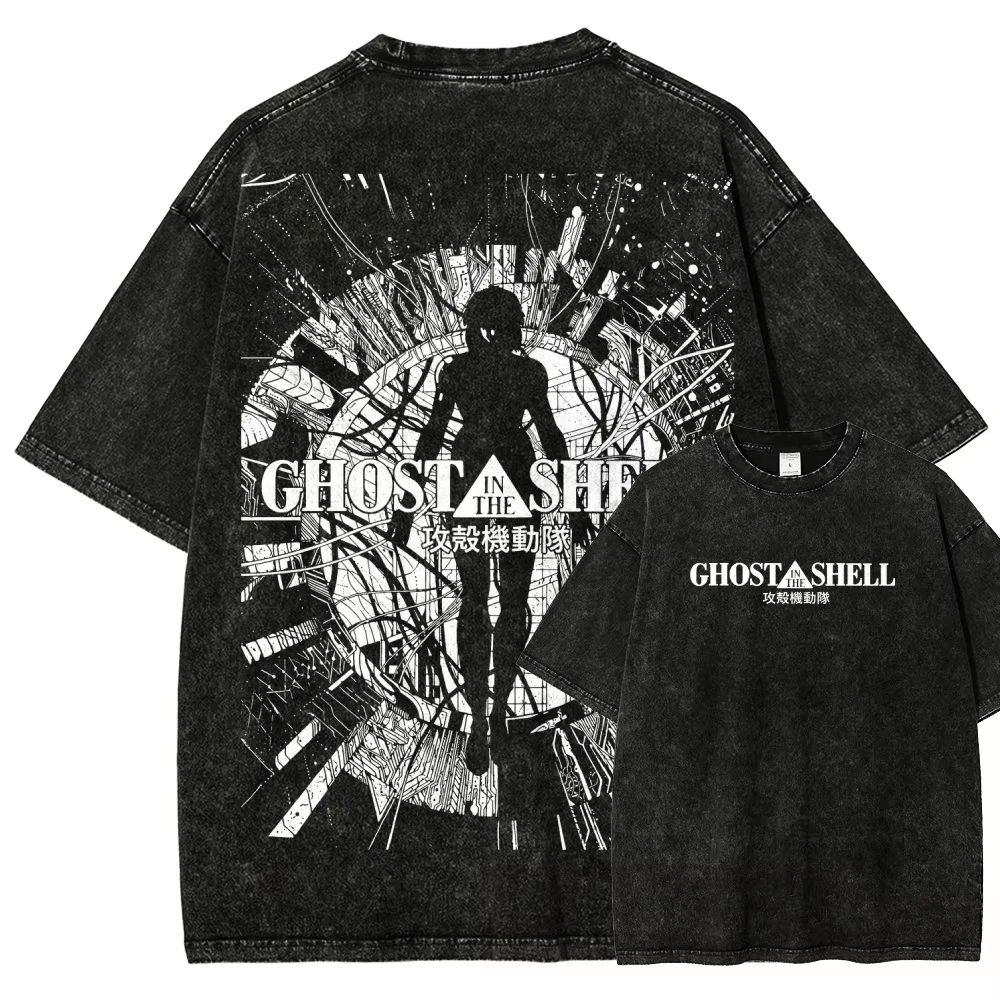 Ghost in The Shell Anime T-shirt Vintage Washed Y2K Aesthetic Unisex Oversized Short Sleeve Summer Cotton Retro Streetwear Top