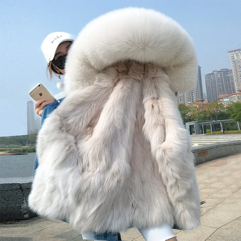 women jeans jacket real fox fur long parka coat with bigger hood winter coats for ladies women plus size parka denim fox jacket