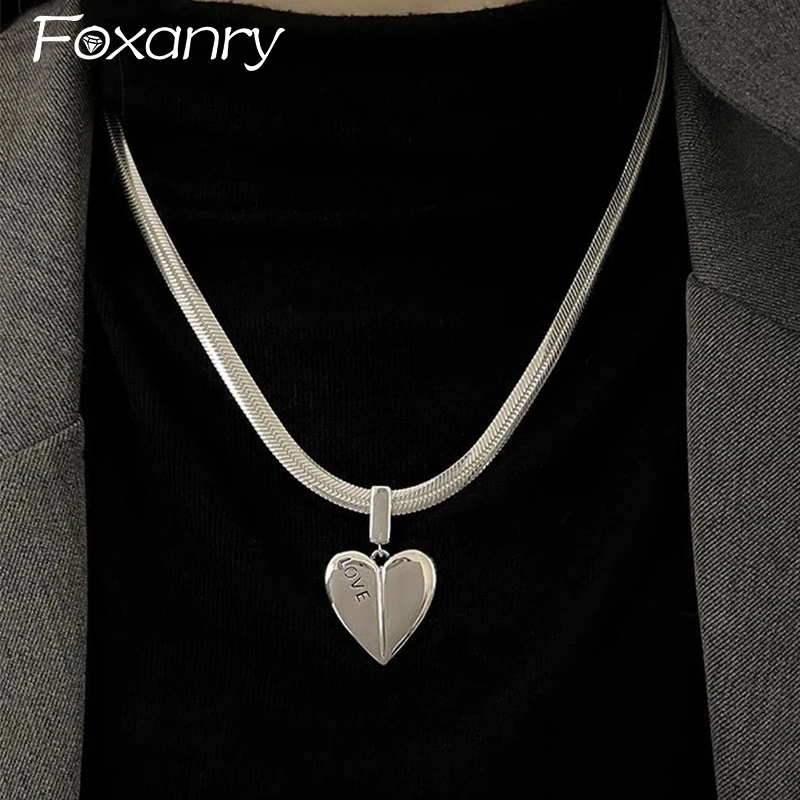 Foxanry 1 Pcs Silver Color Love Heart Wisiorek Naszyjnik Dla Kobiet Pary Modny Vintage Prosty Sweter Łańcuch Biżuteria Imprezowa Prezenty