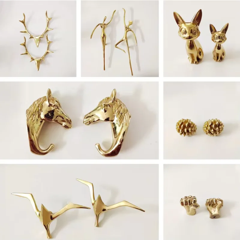 Gold Furniture Handle Door Knobs Solid Brass Animal Cat Deer Shape Single Hole Handles for Cabinet Kitchen Cupboard Drawer Pulls