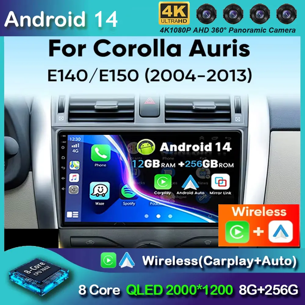 

Автомобильный мультимедийный плеер Android 14, для Toyota Corolla E140/150 Auris E180 2004-2013, Carplay, Android, авторадио, автомобильное радио, 4G DSP