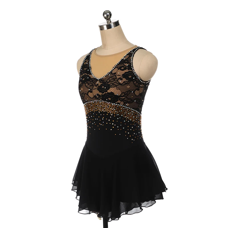 Black Figure Skating Dress Long-Sleeved Ice Skating Skirt Spandex lace with golden rhinstones