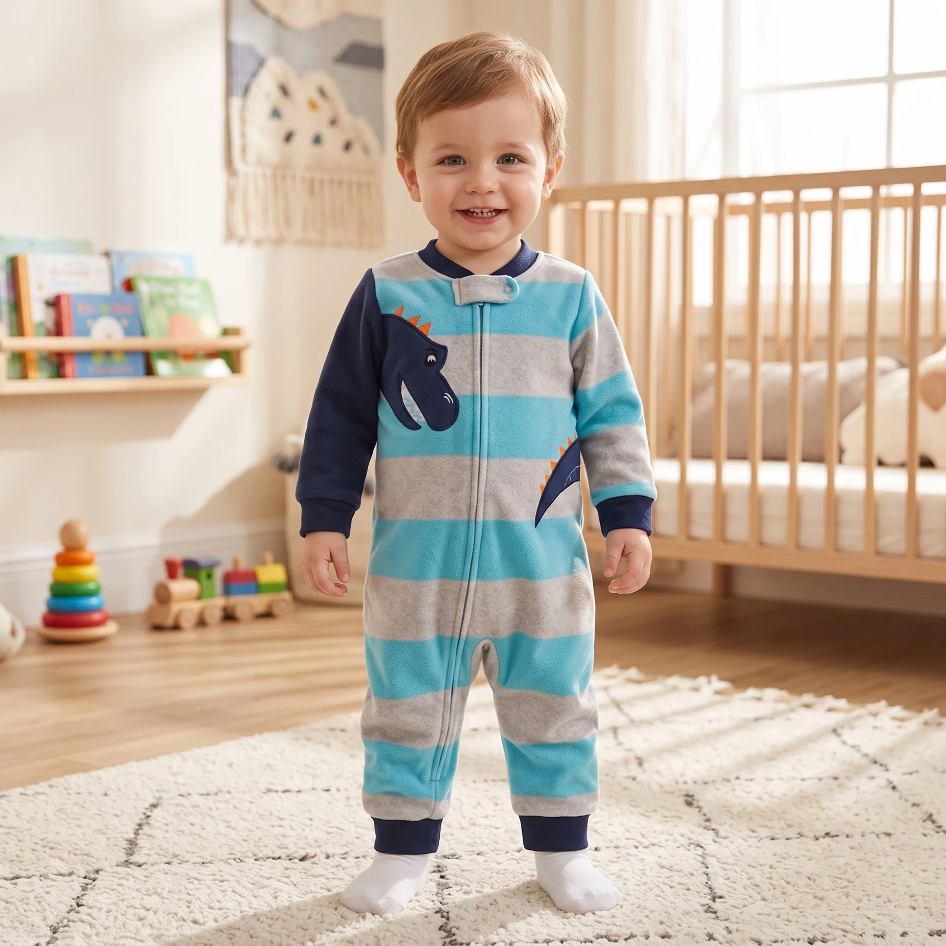 Gestreifter Raglan-Kontrastärmel-Polarfleece-Reißverschluss-Strampler für Kleinkinder, Cartoon-Stickerei, Warmer Herbst-Winter-Baby-Overall 12-24M – Detail 6