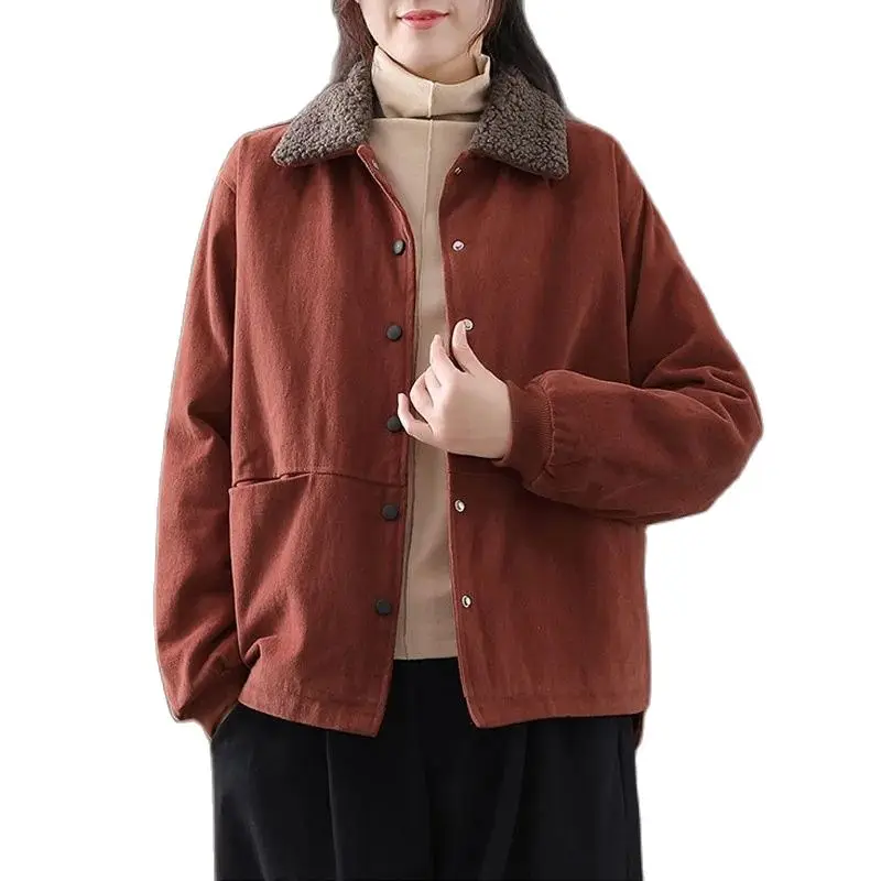 Fashion Vintage Grain Fleece Lapel Cotton Coat Female Add Velvet Thicken Short Jacket Autumn Winter Women Warm Outerwear 2022