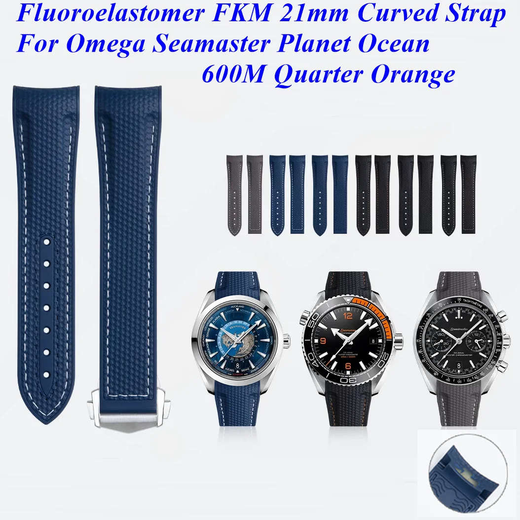 ‌Fluoroelastomer FKM 21mm‌ Arc Watch Strap‌ For Omega Seamaster Planet Ocean 600M Quarter Orange Band Woven Bracelet 43.5
